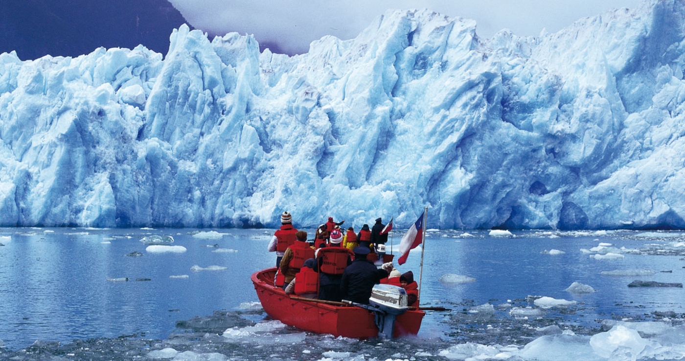 San Rafael Glacier with zodiac in the fjord